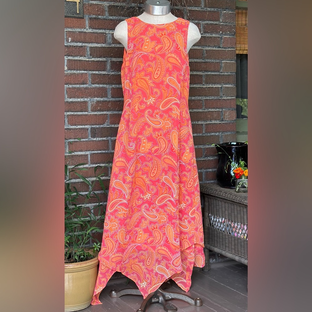 Jeremy Spencer Y2K orange/pink paisley silk maxi dress w/handkerchief hem. Sz 10
